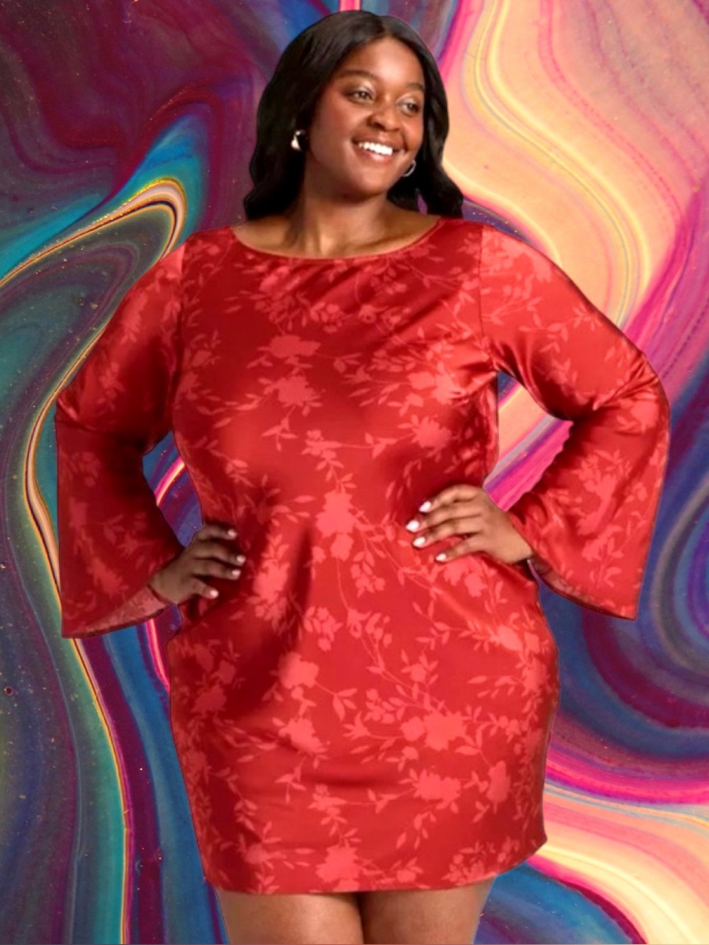 A New Day Women’s plus-size Red Floral Satin Bell-Sleeve Mini Dress⭐️⭐️3X